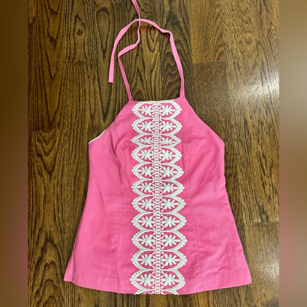 Lilly Pulitzer Hot Pink Halter Tank with White Crochet Trim